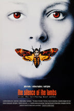 The Silence of the Lambs poster features a pale face with red eyes and a skull-marked orange moth over the mouth.