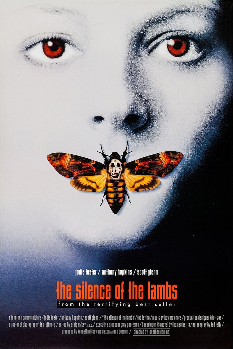 The Silence of the Lambs poster features a pale face with red eyes and a skull-marked orange moth over the mouth.