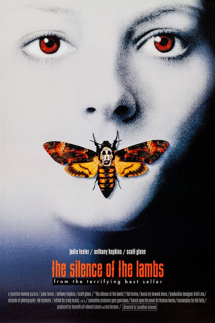The Silence of the Lambs poster features a pale face with red eyes and a skull-marked orange moth over the mouth.