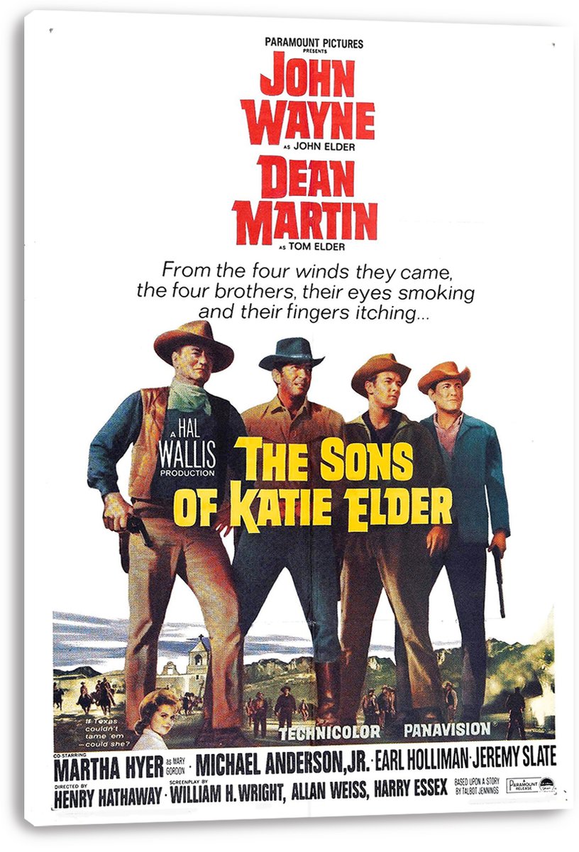 The Sons of Katie Elder canvas wall art print presents four cowboy brothers, bold red John Wayne and Dean Martin lettering, and a yellow title.