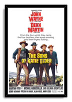 The Sons of Katie Elder framed wall art print displays four armed Western men, a frontier landscape, red cast typography, and yellow title text.