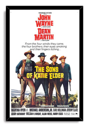 The Sons of Katie Elder framed wall art print displays four armed Western men, a frontier landscape, red cast typography, and yellow title text.