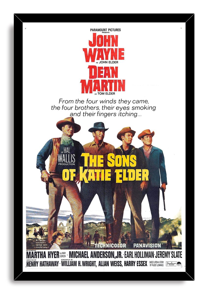The Sons of Katie Elder framed wall art print displays four armed Western men, a frontier landscape, red cast typography, and yellow title text.
