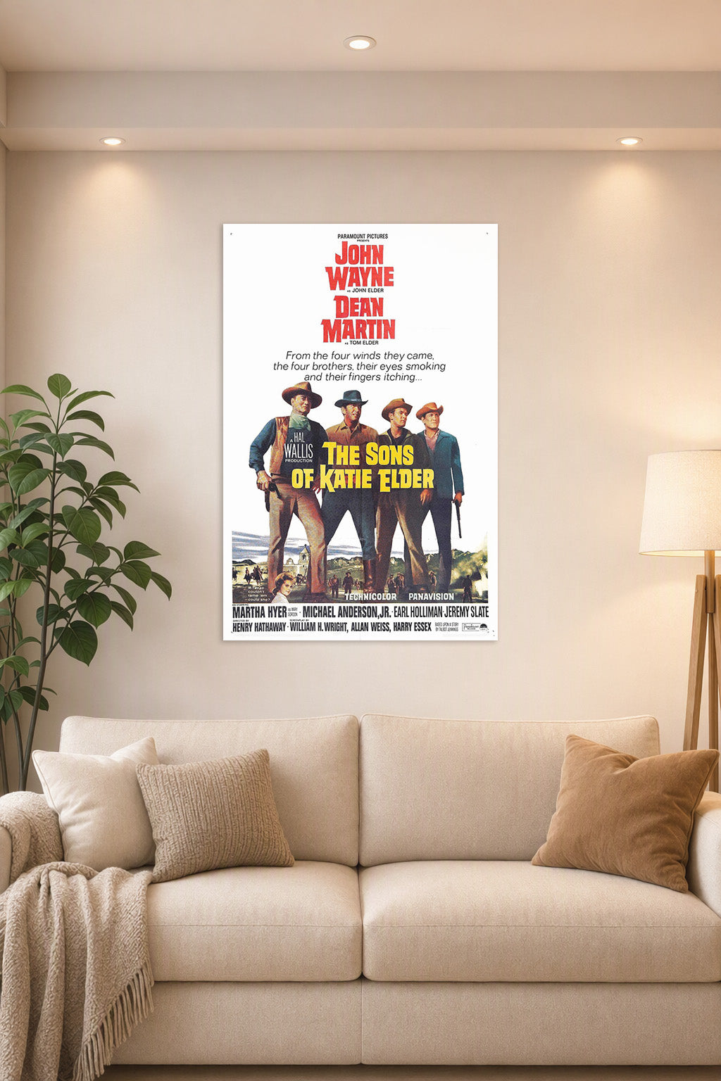 The Sons of Katie Elder John Wayne Dean Martin in a bright living room above a beige sofa.