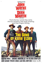 The Sons of Katie Elder poster features four Western men in hats above a frontier scene, with red star names and yellow title text.