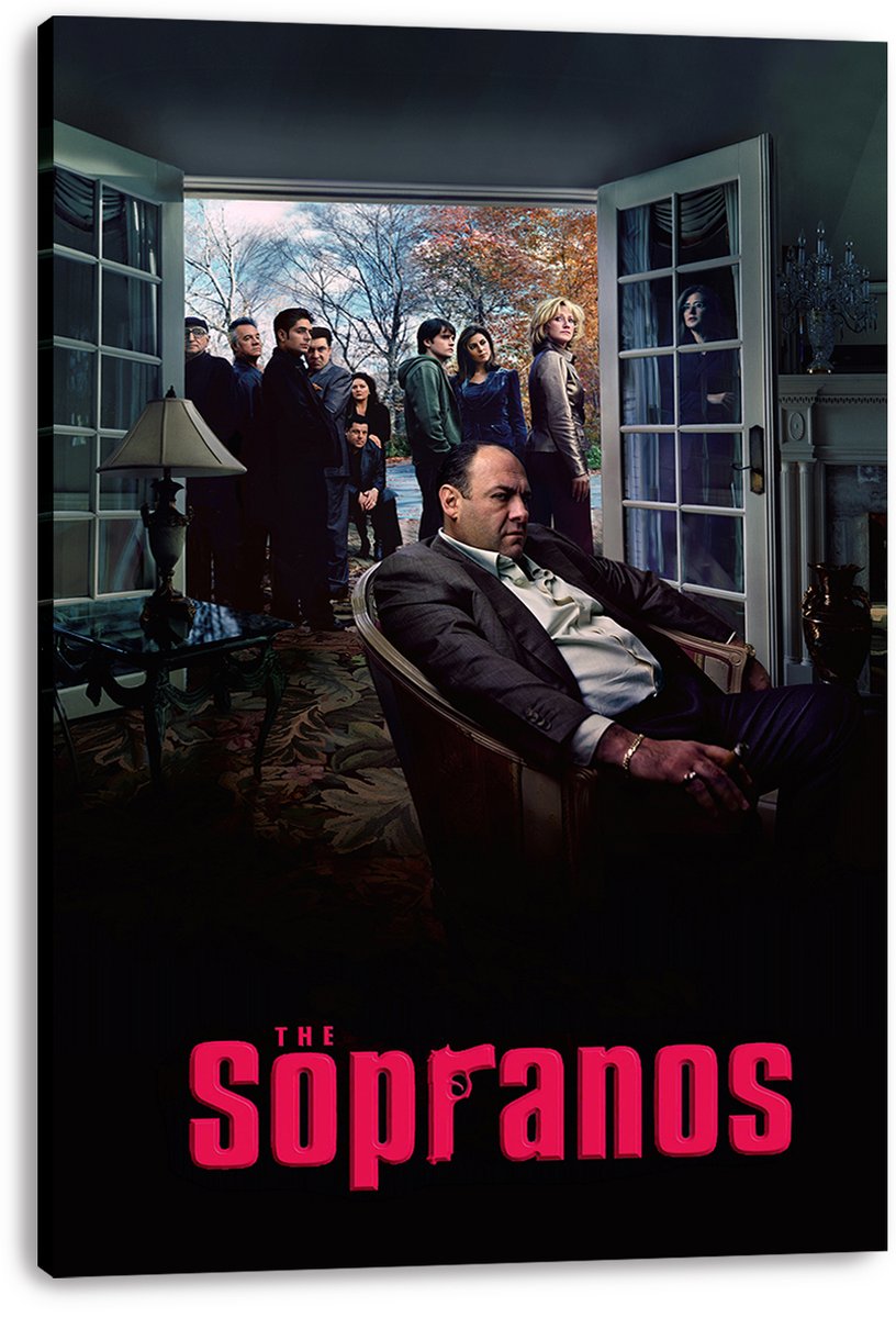 The Sopranos canvas wall art print depicts Tony Soprano in an armchair, with a group at the doorway and red title lettering.