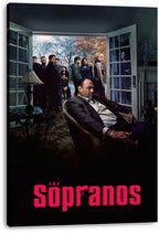 The Sopranos canvas wall art print depicts Tony Soprano in an armchair, with a group at the doorway and red title lettering.