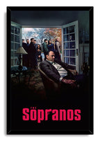 The Sopranos framed wall art print presents Tony Soprano seated before open French doors, surrounded by cast members and a black frame.
