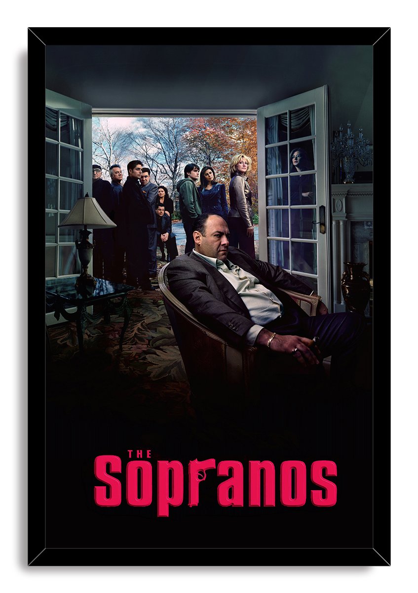 The Sopranos framed wall art print presents Tony Soprano seated before open French doors, surrounded by cast members and a black frame.