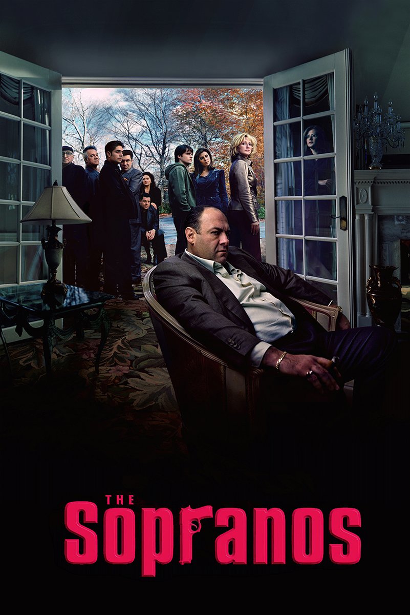 The Sopranos poster features Tony Soprano seated indoors as family and crew gather at open doors beneath autumn trees.