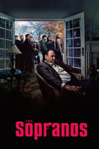 The Sopranos poster features Tony Soprano seated indoors as family and crew gather at open doors beneath autumn trees.