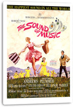 The Sound of Music canvas wall art print displays the vintage poster with a pink-clad woman, yellow-dressed children, and mountains.