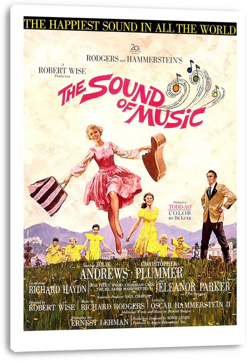 The Sound of Music canvas wall art print displays the vintage poster with a pink-clad woman, yellow-dressed children, and mountains.