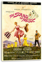 The Sound of Music wall art print displays the vintage musical poster on a thick white-edged canvas, with cast credits and colorful music notes.