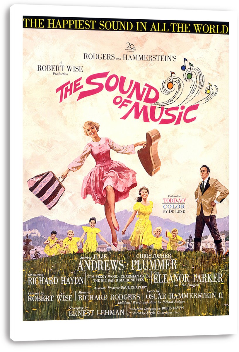 The Sound of Music canvas wall art print displays a pink-dressed dancer, yellow-clad children, music notes, and distant mountains.