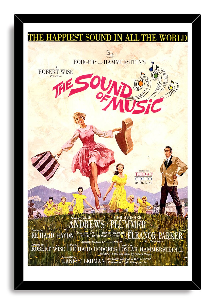 The Sound of Music framed wall art print presents the classic poster in a black frame, with musical notes, dancers, and Alpine scenery.