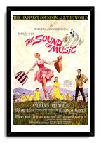 The Sound of Music framed wall art print presents the classic poster in a black frame, with musical notes, dancers, and Alpine scenery.