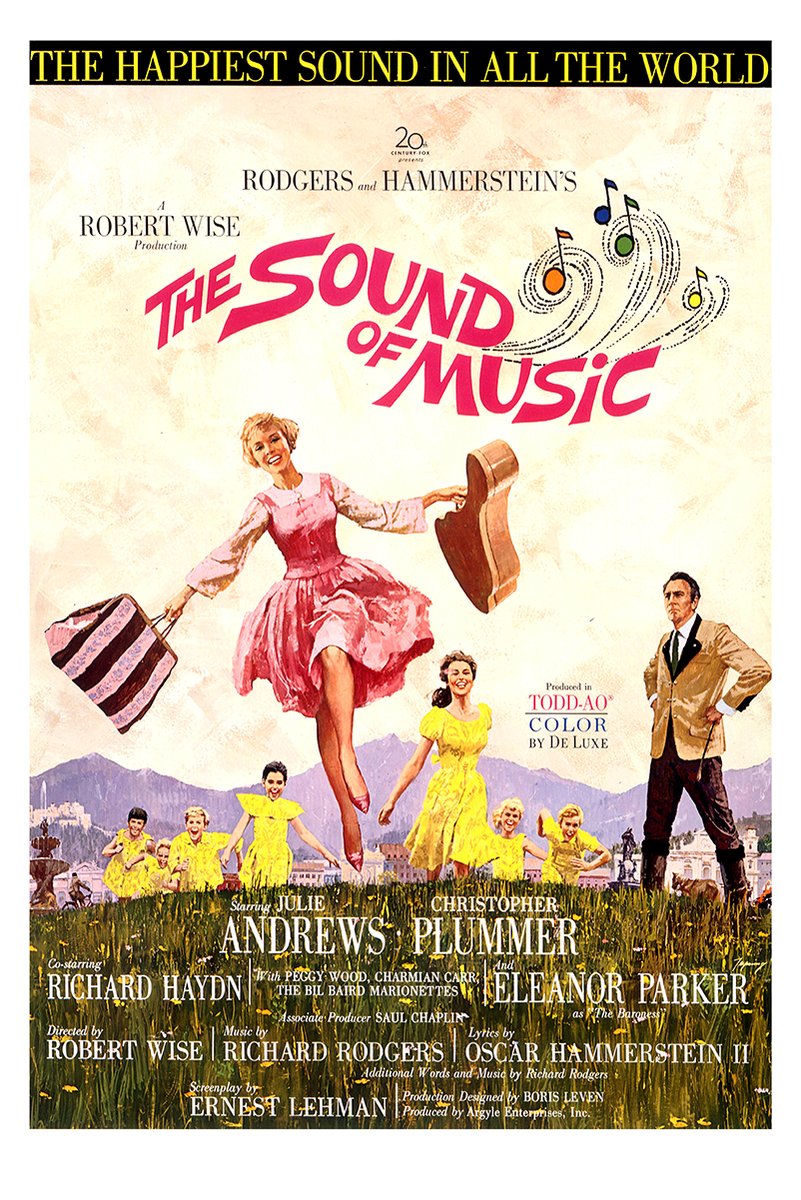 The Sound of Music poster features a woman in a pink dress leaping with luggage and a guitar above children in Alpine fields.