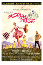 The Sound of Music poster features a woman in a pink dress leaping with luggage and a guitar above children in Alpine fields.