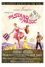 The Sound of Music poster features a woman in a pink dress leaping with a guitar case and striped bag above children in alpine fields.