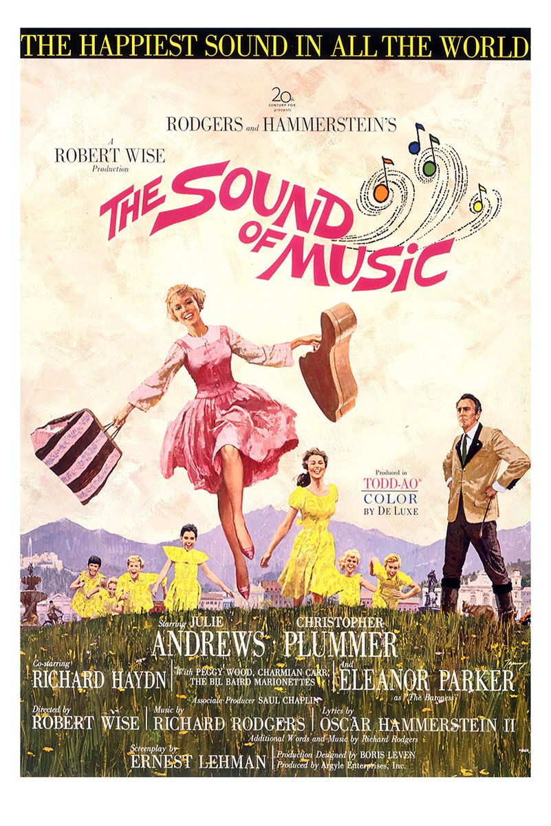 The Sound of Music poster features a woman in a pink dress leaping with a guitar case and striped bag above children in alpine fields.