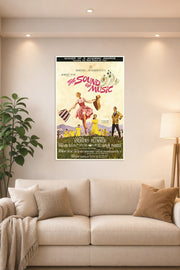 The Sound of Music Movie Poster in a bright living room above a beige sofa.