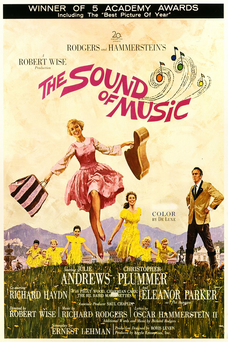 The Sound of Music poster features a woman in a pink dress leaping with a guitar case, children in yellow, and Alpine mountains.