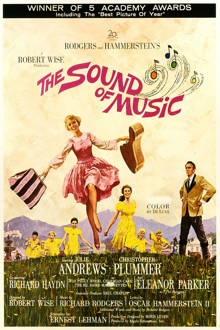 The Sound of Music poster features a woman in a pink dress leaping with a guitar case, children in yellow, and Alpine mountains.