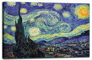 The Starry Night canvas wall art print presents Van Gogh's swirling blue night sky, bright stars, cypress tree, and village.