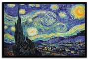 The Starry Night framed wall art print depicts luminous yellow stars and moon over a blue village landscape with a tall cypress.