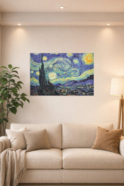 The Starry Night 1889 by Vincent Van Gogh Decoration in a bright living room above a beige sofa.