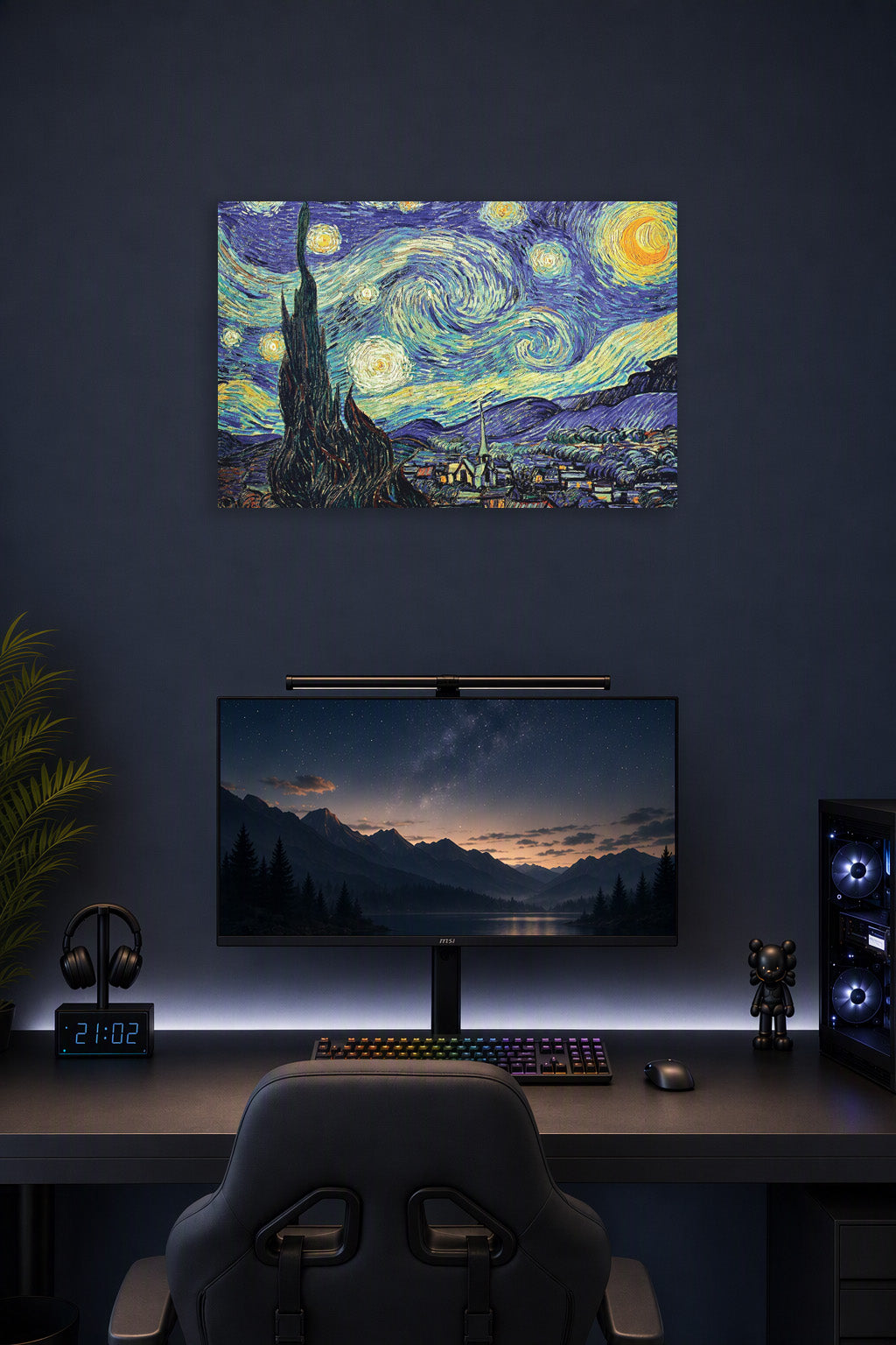 The Starry Night 1889 by Vincent Van Gogh Decoration in a gaming desk setup above a monitor.
