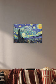 The Starry Night 1889 by Vincent Van Gogh Decoration in a cozy movie room above a brown sofa with popcorn.