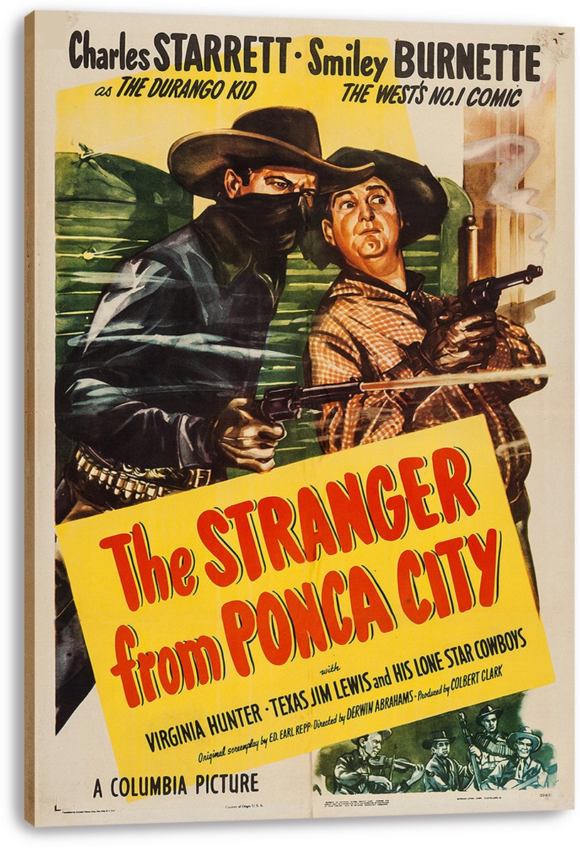 The Stranger from Ponca City canvas wall art print depicts a masked cowboy and his armed companion in a vintage yellow, green, and red design.
