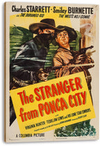 The Stranger from Ponca City canvas wall art print depicts a masked cowboy and his armed companion in a vintage yellow, green, and red design.