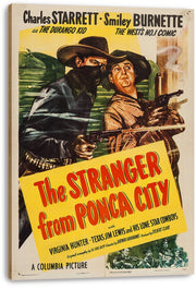 The Stranger from Ponca City canvas wall art print depicts a masked cowboy and his armed companion in a vintage yellow, green, and red design.