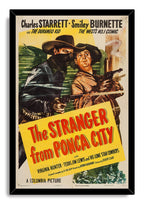 The Stranger from Ponca City framed wall art print presents two gunmen in cowboy hats with a large yellow title panel and black frame.