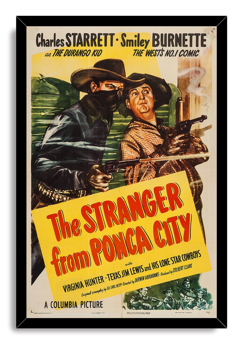 The Stranger from Ponca City framed wall art print presents two gunmen in cowboy hats with a large yellow title panel and black frame.