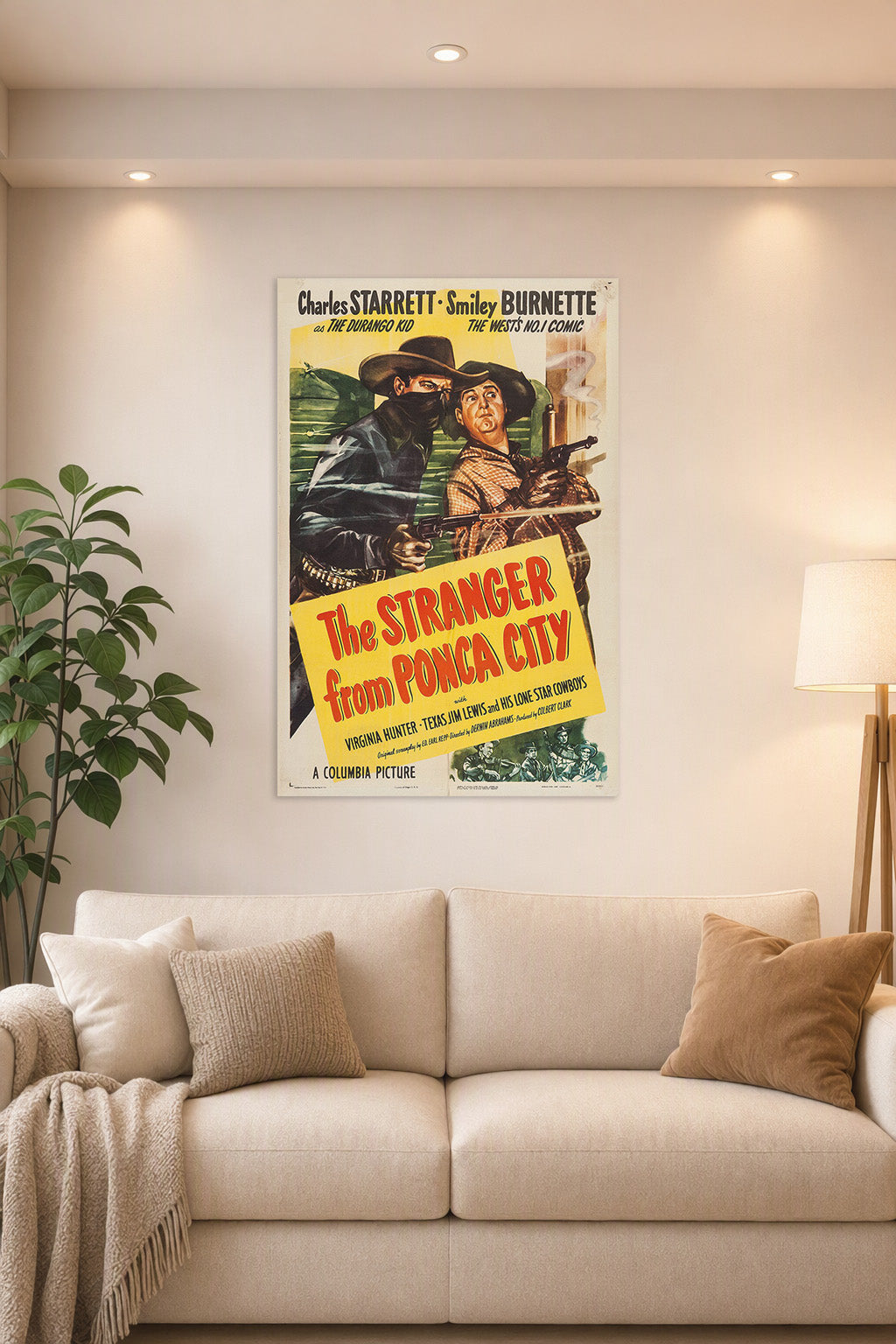 The Stranger from Ponca City Charles Starrett Smiley Burnette Western Movie in a bright living room above a beige sofa.