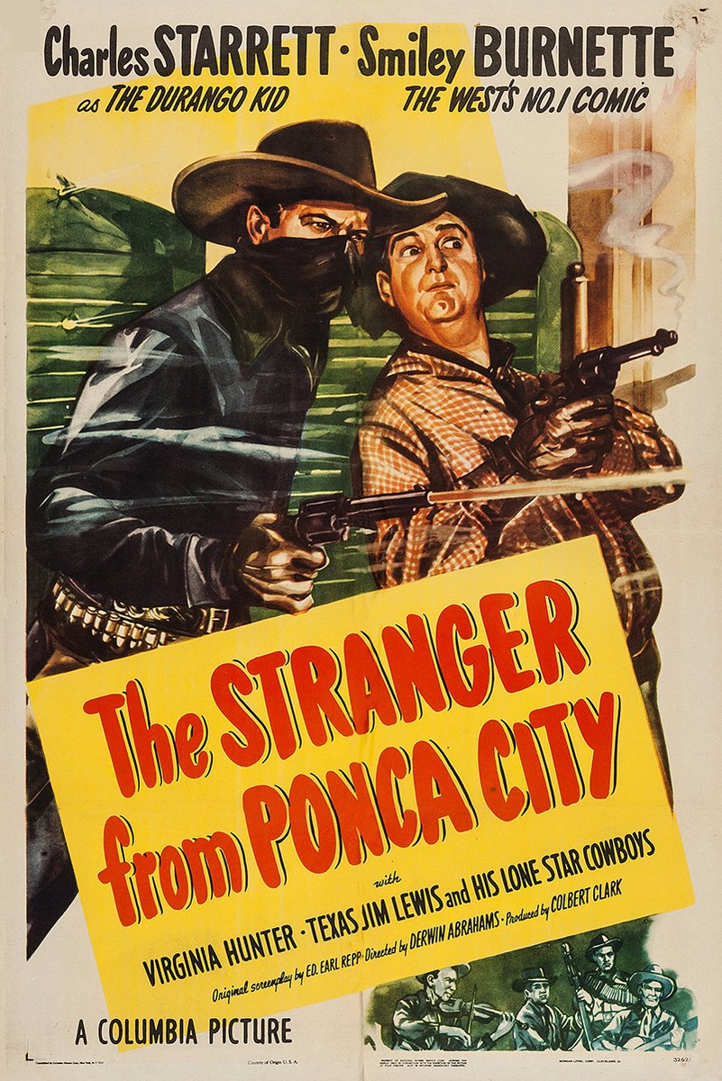 The Stranger from Ponca City poster features two armed cowboys, one masked in black, above a bold yellow title panel.