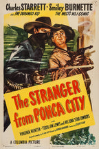 The Stranger from Ponca City poster features two armed cowboys, one masked in black, above a bold yellow title panel.