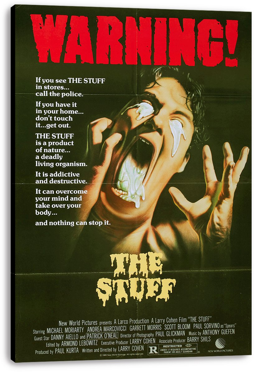 The Stuff wall art print on canvas displays a screaming man, white drips, warning copy, and bold red headline on dark green.
