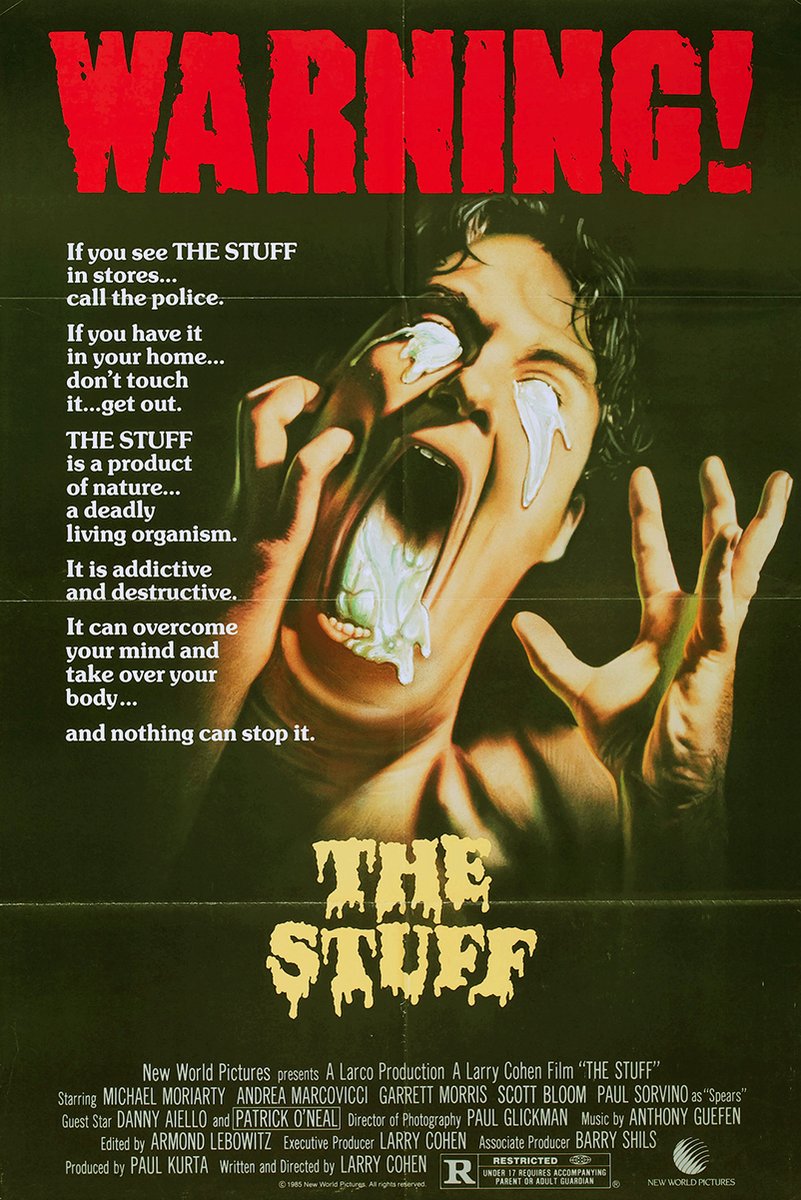 The Stuff movie poster features a screaming man with white substance dripping from his eyes and mouth beneath red WARNING text.