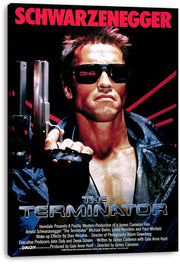 The Terminator canvas wall art print displays Arnold Schwarzenegger with sunglasses, shotgun, red lettering, and metallic title text.