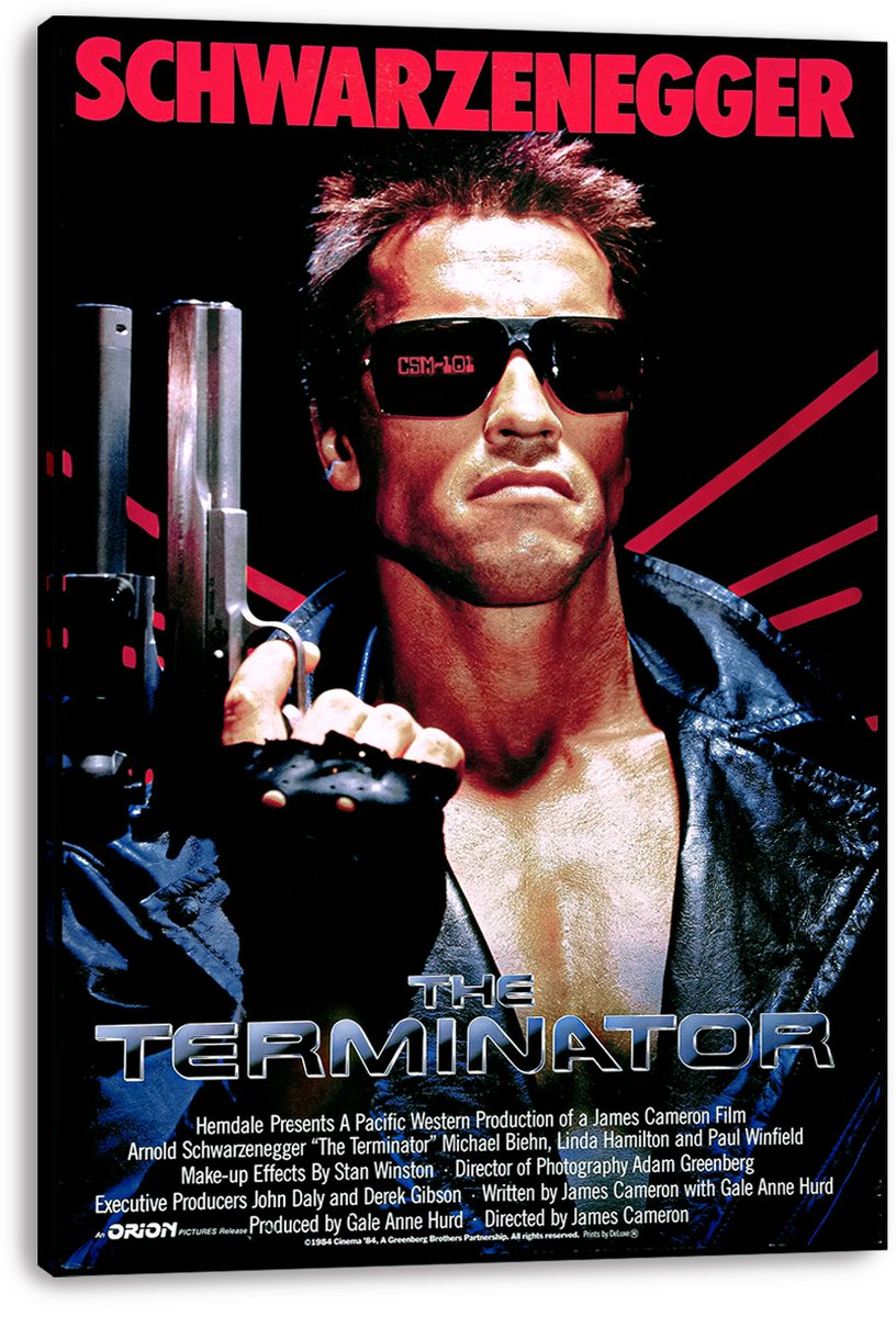 The Terminator canvas wall art print displays Arnold Schwarzenegger with sunglasses, shotgun, red lettering, and metallic title text.