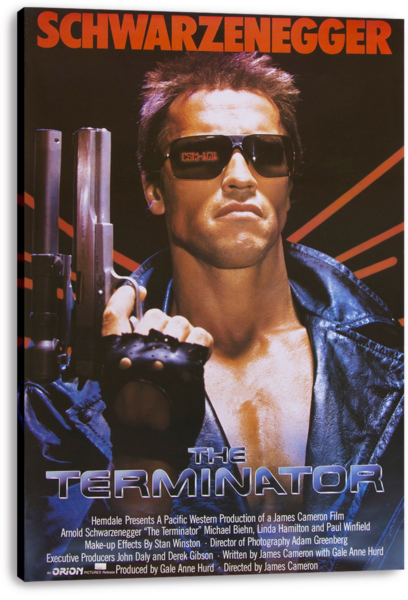 The Terminator canvas wall art print displays Arnold Schwarzenegger in sunglasses gripping a shotgun, with bold red title lettering.