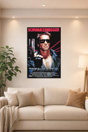 The Terminator Arnold Schwarzenegger in a bright living room above a beige sofa.