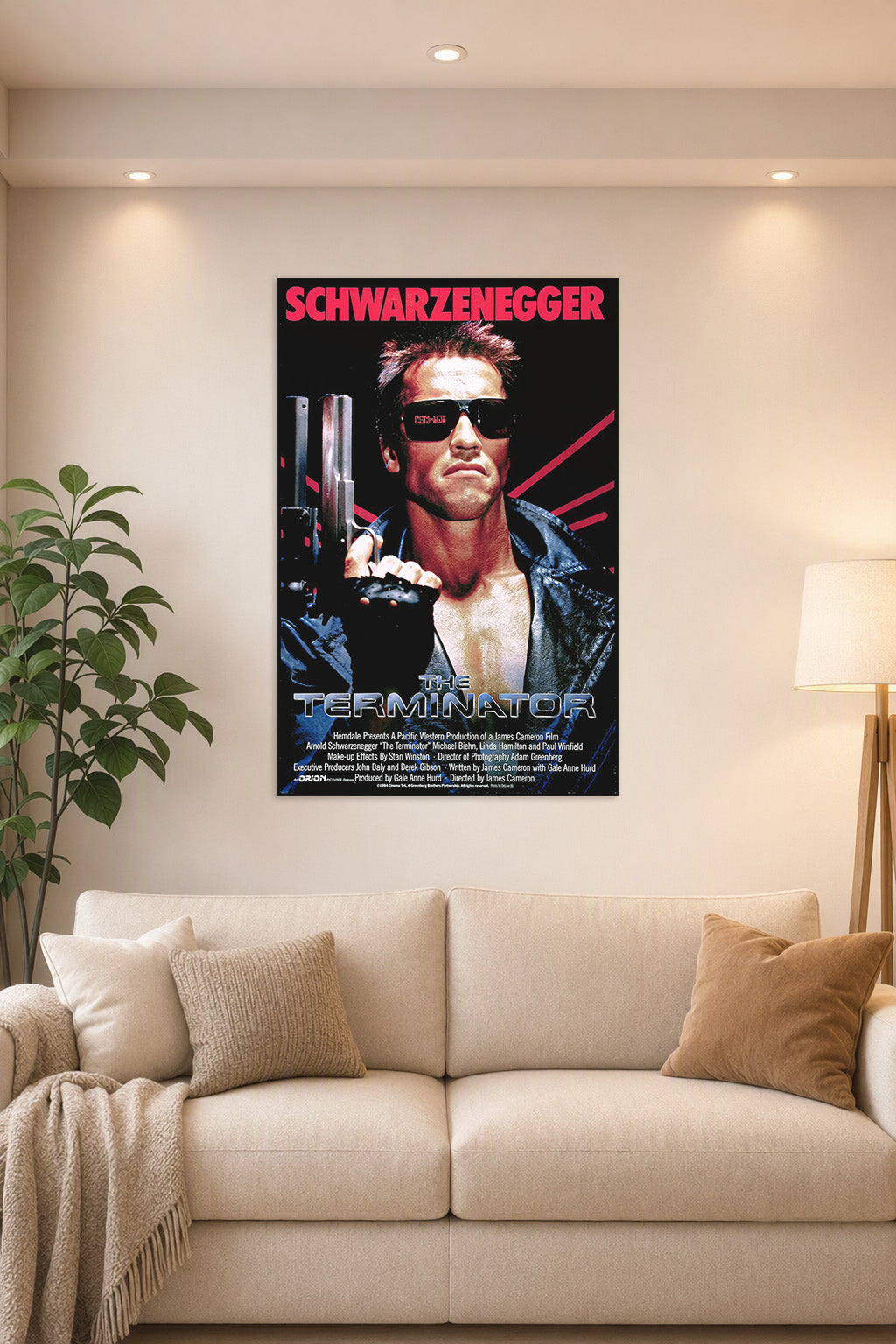 The Terminator Arnold Schwarzenegger in a bright living room above a beige sofa.