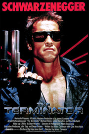 The Terminator poster features Arnold Schwarzenegger in black sunglasses and a leather jacket holding a shotgun against red rays.