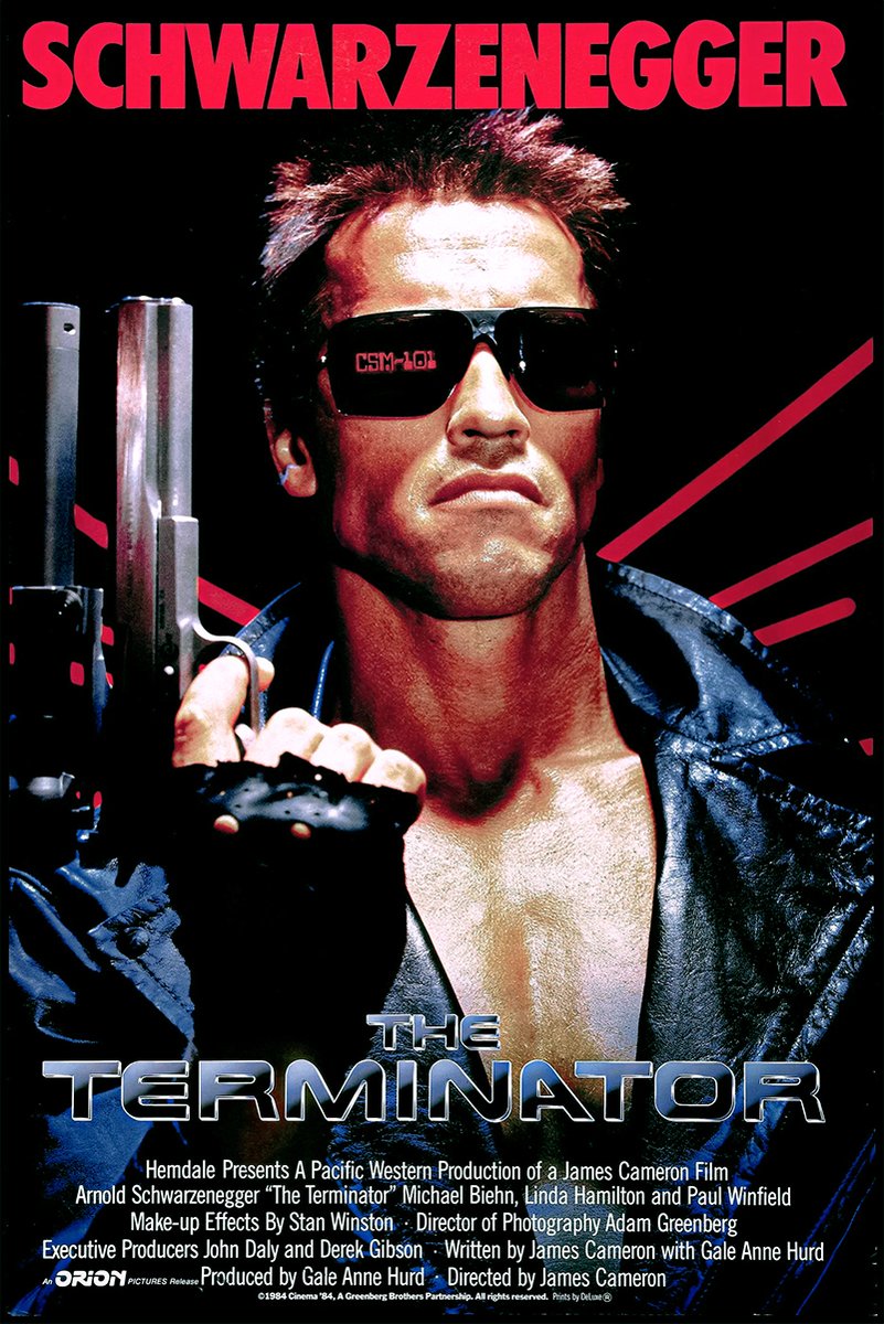 The Terminator poster features Arnold Schwarzenegger in black sunglasses and a leather jacket holding a shotgun against red rays.